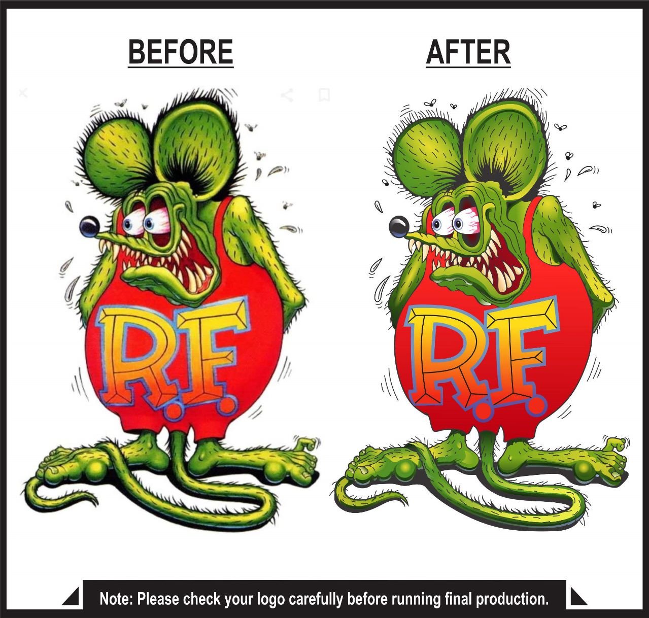 Before and after vector redraw of a cartoon character illustration