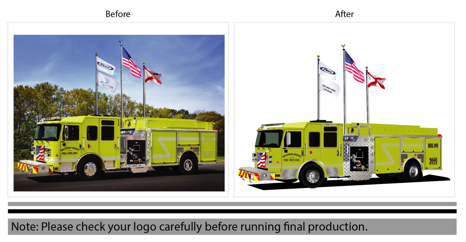 Before and after vector redraw of a fire truck illustration