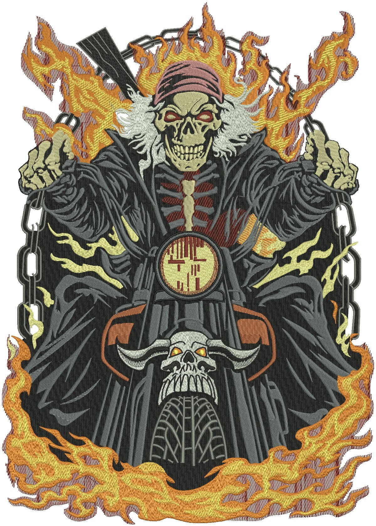 Detailed skull and flames biker design, digitized artwork