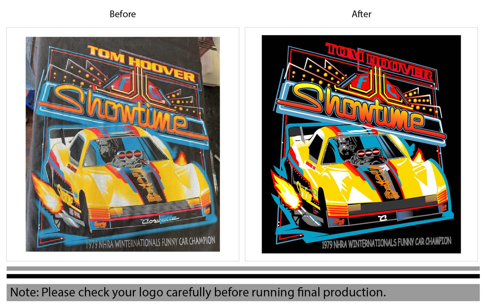 Before and after vector redraw of a drag racing t-shirt design